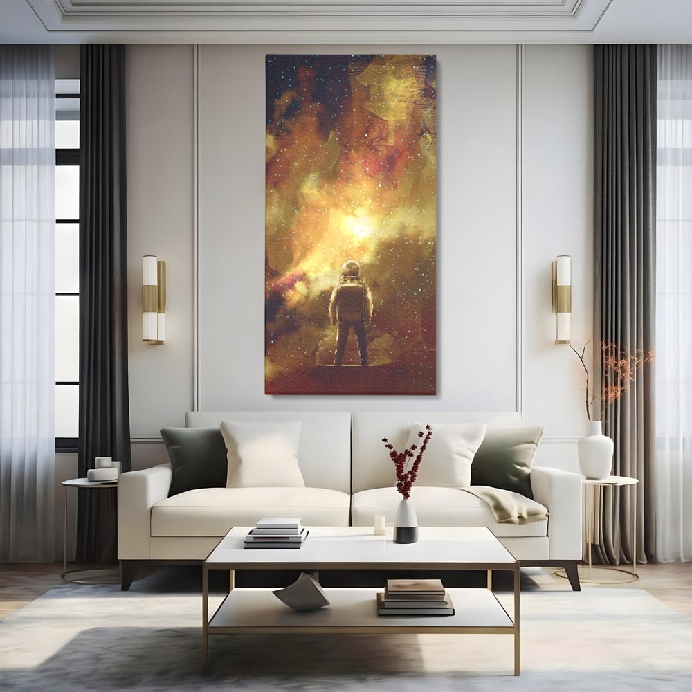 Tablou canvas cu ilustratie cu astronaut privind stelele, fara rama, pe sasiu de lemn, pe perete intr-un living